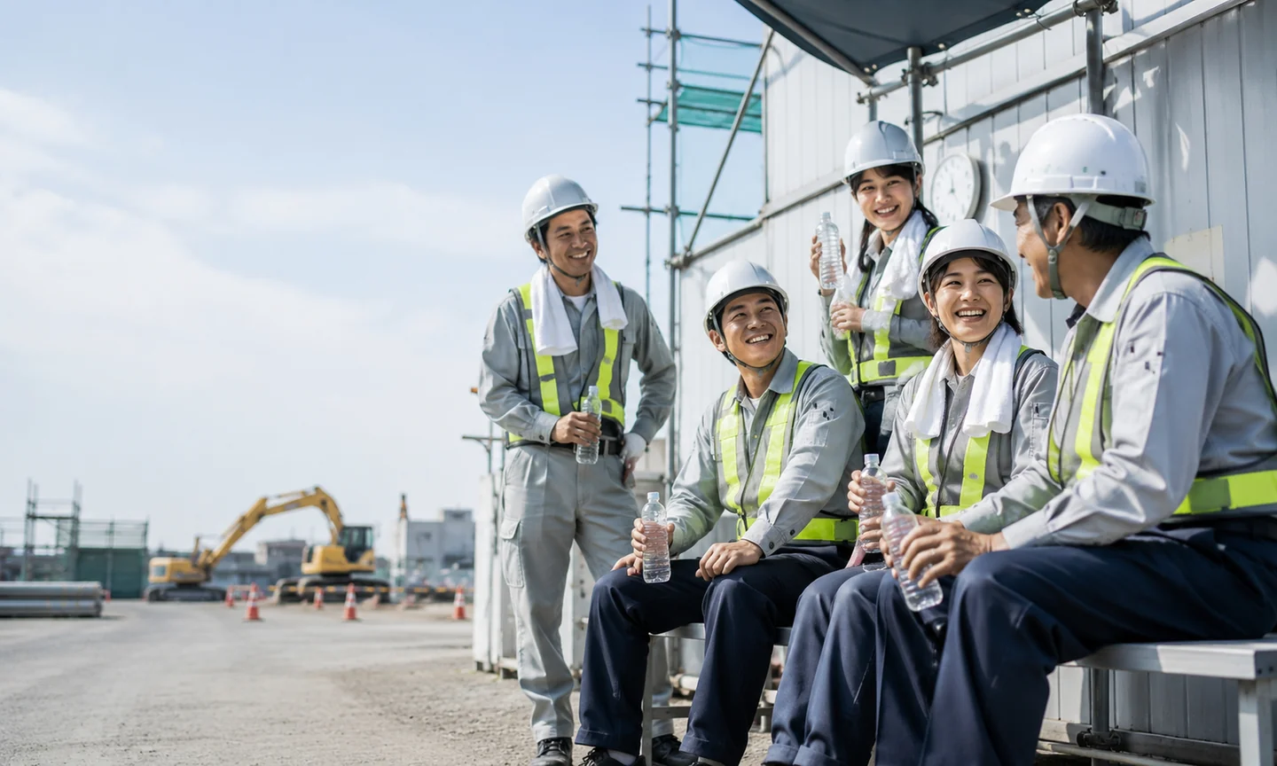 工事現場で笑顔で会話するヘルメット姿の作業員たち(イメージ写真)
